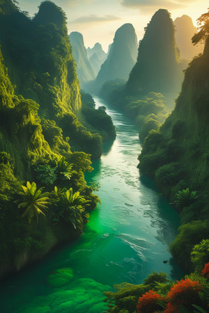 Experience a stunning hyperrealistic panoramic view of towering green mountains carved by a vibrant emerald river. Lush foliage and dramatic lighting create an awe-inspiring natural vista.の素材