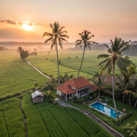 An aerial perspective captures a serene tropical villa nestled amidst lush rice paddies at sunrise. Palm trees sway gently under the warm golden light.の素材