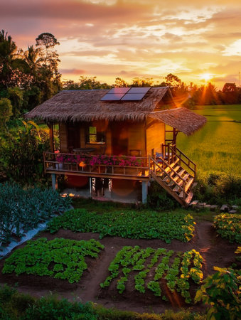 A quaint wooden cabin nestled amidst lush greenery and cultivated fields bathed in the warm glow of a breathtaking sunset. Experience peaceful rural life and natural beauty.の素材