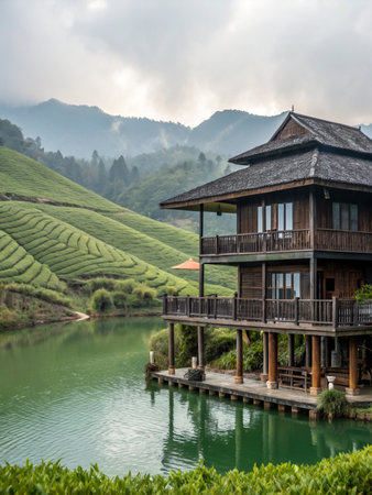 A stunning wooden lodge, designed in a traditional architectural style, sits majestically beside a tranquil lake. The surrounding landscape features rolling hills covered in vibrant green tea fields, under a cloudy sky.の素材