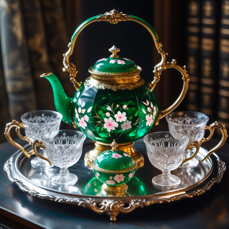 A stunning antique tea set featuring a vibrant green teapot adorned with hand-painted floral motifs and intricate gold accents, accompanied by crystal cups on a silver tray.の素材