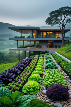 A contemporary two-story residence with a flat roof, set amidst vibrant, meticulously arranged vegetable garden beds. The home offers stunning views of the surrounding natural landscape and rolling hills.の素材