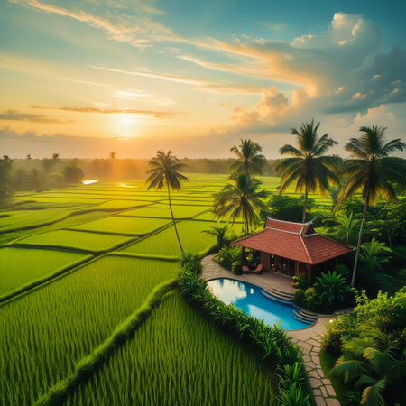 An aerial view captures a tranquil tropical resort with a swimming pool nestled beside vibrant green rice terraces under a breathtaking golden sunset sky.の素材