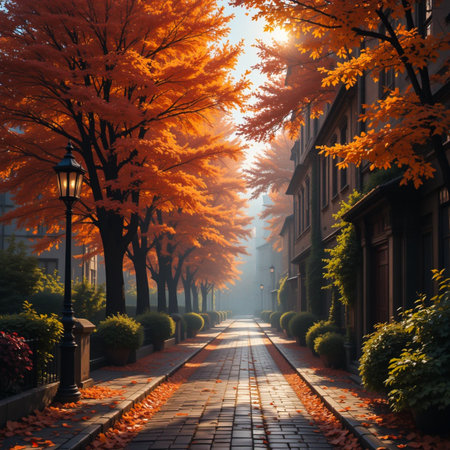 Experience the magic of autumn with this breathtaking scene of a sun-drenched alley. Golden leaves, a vintage lamp post, and a rustic cobblestone path create an enchanting atmosphere.の素材