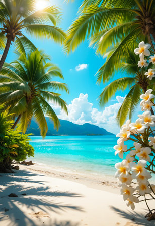 A vibrant tropical beach scene unfolds with lush palm trees framing a view of the turquoise ocean and white sand. Sunlight streams through the foliage, creating a dreamlike vacation vista.の素材