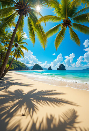 A breathtaking view of a secluded tropical beach, featuring swaying palm trees casting shadows on golden sand, crystal-clear turquoise waters, and dramatic rock formations in the distance under a bright, sunny sky.の素材