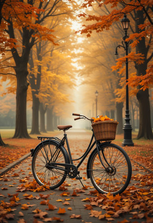 A vintage bicycle with a basket sits amongst colorful fallen leaves in a park. Warm sunlight filters through the trees, creating a serene and picturesque autumn scene.の素材