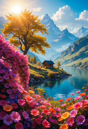 Experience the breathtaking beauty of a serene alpine setting. Lush pink and red flowers in the foreground lead to a tranquil lake reflecting majestic mountains under a sunlit sky.の素材