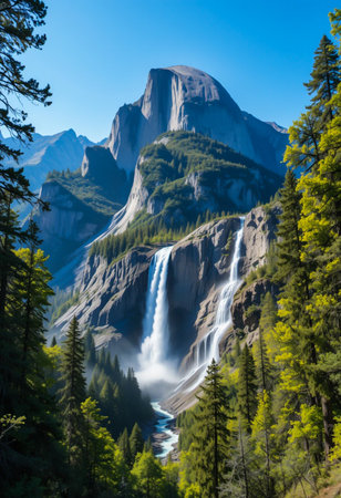 Experience the breathtaking beauty of Yosemite National Park. A powerful waterfall plunges down granite cliffs, framed by towering evergreen trees, showcasing nature's grandeur and serene wilderness.の素材