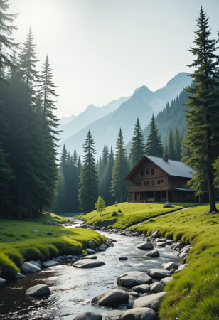 A picturesque scene of a wooden cabin nestled amidst a vibrant forest. A clear, rocky stream flows through the foreground, leading towards distant, mist-shrouded mountains.の素材