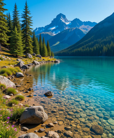 Experience the breathtaking beauty of a crystal-clear mountain lake reflecting majestic peaks and lush evergreen trees under a bright blue sky.の素材