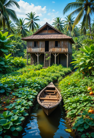 A rustic wooden stilt house stands amidst dense tropical vegetation, with a wooden canoe resting serenely on a narrow waterway leading to its entrance.の素材