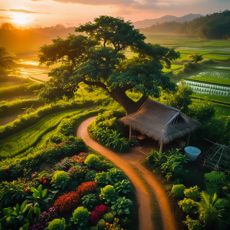 An awe-inspiring aerial drone view reveals a lush green landscape bathed in the warm glow of sunrise. A solitary hut rests beside a winding dirt path, surrounded by verdant foliage and distant rice paddies.の素材