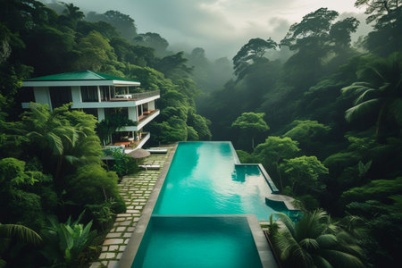 A breathtaking aerial view showcases an exclusive resort with a stunning infinity pool surrounded by dense, verdant rainforest. Experience unparalleled tranquility and natural beauty from this perspective.の素材