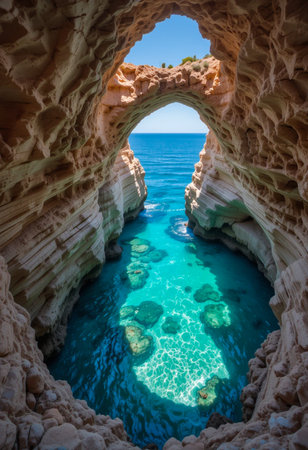 Sunlight streams through a cave opening, illuminating a stunning natural pool of clear turquoise water. Rugged rock formations frame the breathtaking view of the sea and sky.の素材