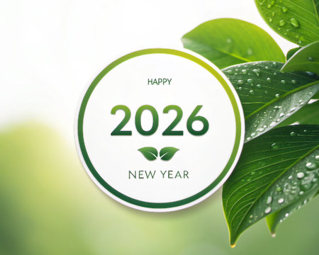 A circular graphic with 2026 and New Year text, set against lush green leaves.の素材