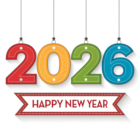 Brightly colored numbers '2026' and a 'Happy New Year' banner hang against a white background.の素材