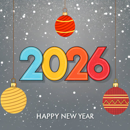 A festive New Year's Eve greeting for 2026 featuring colorful numbers and hanging ornaments.の素材
