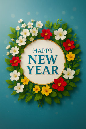 A beautiful floral wreath surrounds a festive oval sign wishing everyone a Happy New Year.の素材