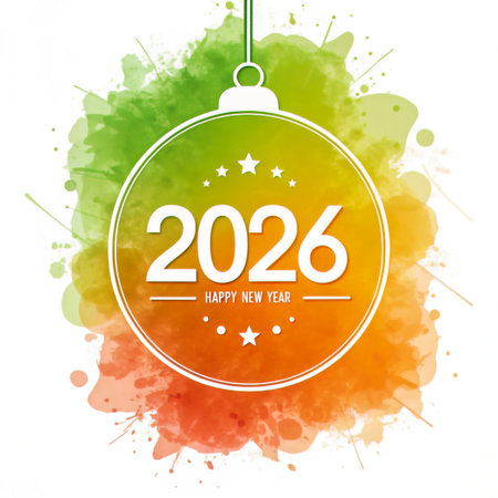 A festive glass ornament displays the year 2026 against a vibrant watercolor background.の素材