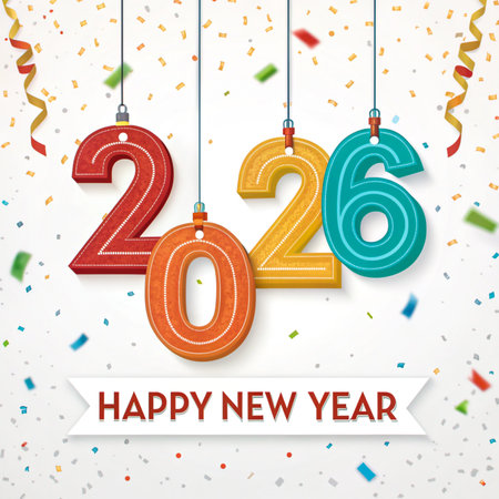 Brightly colored balloon numbers 2026 hang with confetti and a happy new year banner.の素材