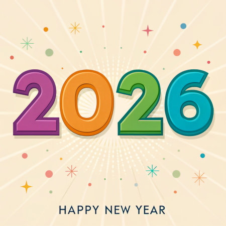 Vibrant 2026 numbers with festive confetti and 'Happy New Year' text.の素材