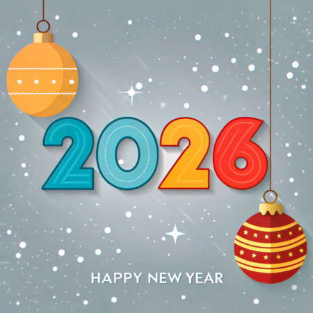 Colorful 2026 numbers and hanging ornaments celebrate the New Year with a snowy background.の素材