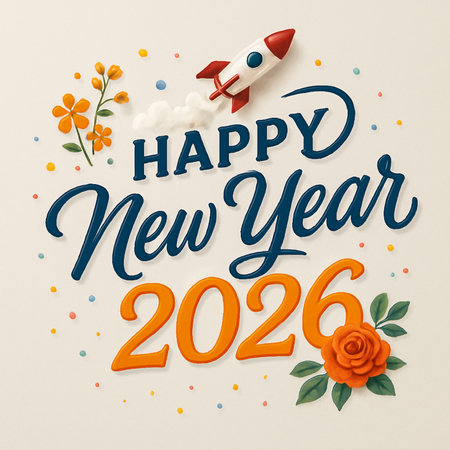 A festive New Year's greeting for 2026 featuring a rocket, flowers, and confetti.の素材