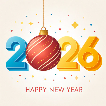 A festive New Year's celebration with the year 2026 prominently displayed and a hanging ornament.の素材