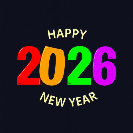 Vibrant text displays Happy New Year 2026 in bold, multicolored digits against a dark background.の素材