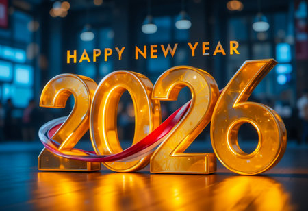 Golden 3D numbers for 2026 with 'Happy New Year' text and bokeh lights.の素材