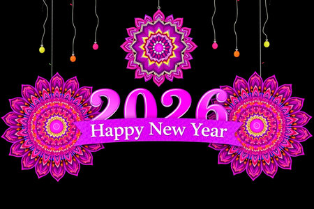Festive New Year 2026 greeting with glowing pink mandalas and decorative lights.の素材