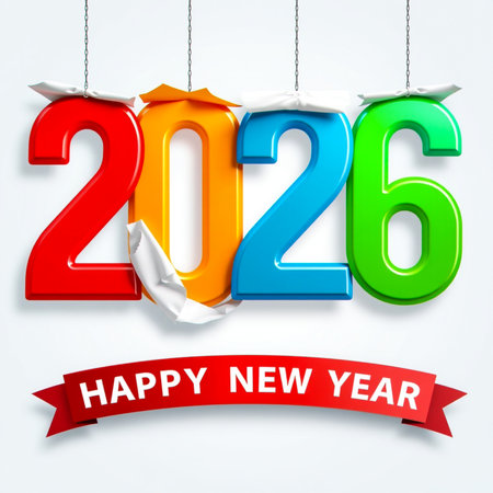 Brightly colored numbers spelling out 2026 hang from strings with a festive banner below.の素材