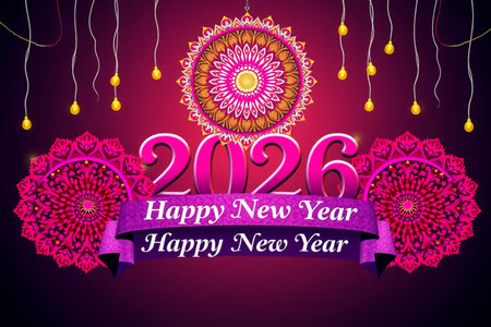 A festive 2026 Happy New Year graphic with glowing lights, ornate mandalas, and celebratory text.の素材