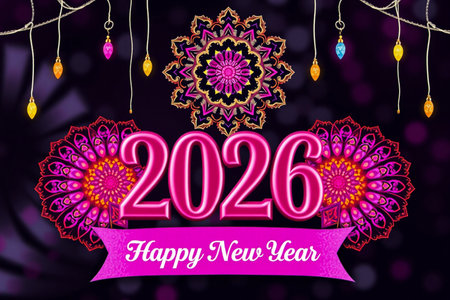 A festive New Year's Eve design for 2026 featuring glowing lights and ornate floral patterns.の素材