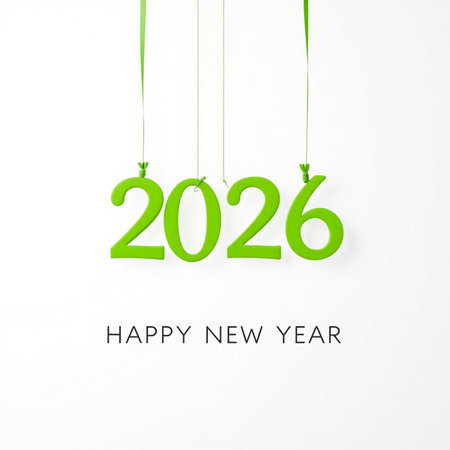 Hanging green numbers of 2026 with Happy New Year text below.の素材