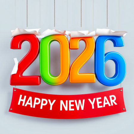 Brightly colored numbers 2026 with snow accents sit above a red banner saying Happy New Year.の素材