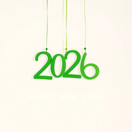 Bright green numbers spelling out 2026 hang suspended by thin strings against a soft, light background.の素材