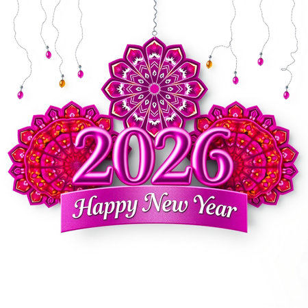 A vibrant 2026 Happy New Year graphic featuring metallic numbers and decorative floral elements.の素材