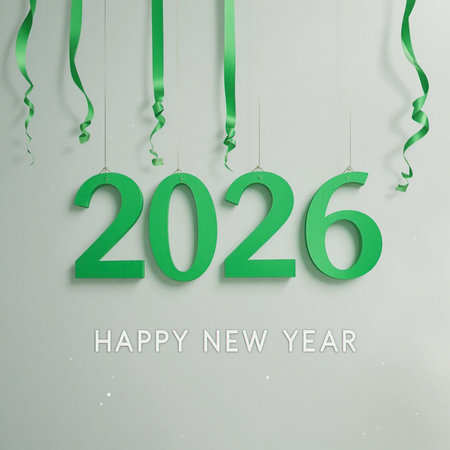 Green numbers spelling out 2026 hang with curling green ribbons against a light gray background.の素材