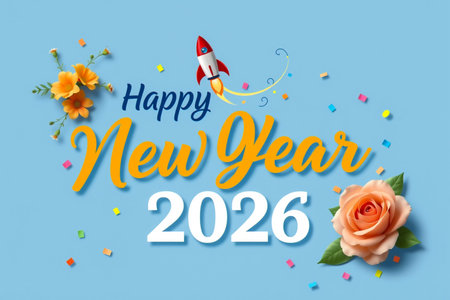 A festive New Year 2026 greeting with a rocket, flowers, and confetti on a blue background.の素材