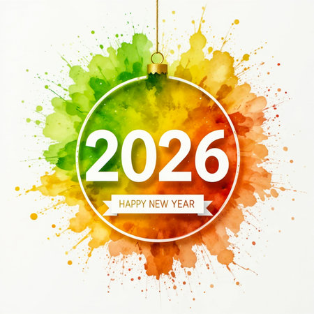 A festive ornament displays the year 2026 against a vibrant, abstract watercolor paint splatter.の素材