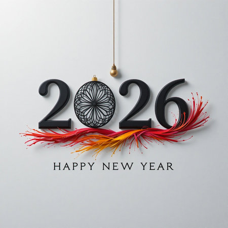 The year 2026 is celebrated with a festive ornament and vibrant foliage.の素材