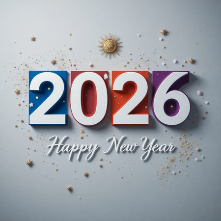 Bold 2026 numbers in vibrant colors with 'Happy New Year' text and scattered confetti.の素材