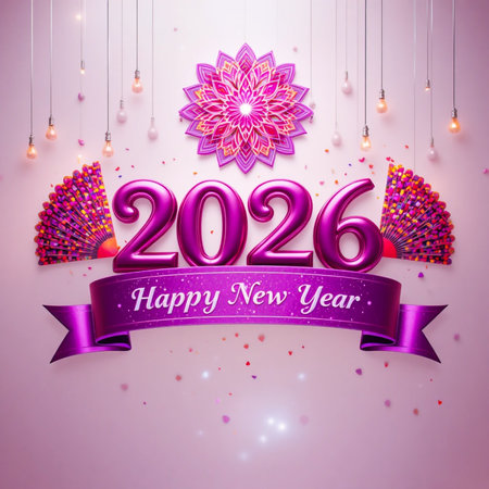 A celebratory image for the New Year 2026 featuring balloons, confetti, and festive ribbon.の素材