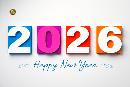 Four brightly colored blocks with large white numbers spell out 2026 above a festive Happy New Year message.の素材