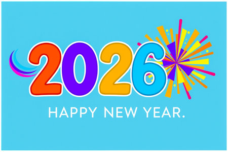 Brightly colored 2026 numbers with a festive firework explosion and swirling abstract elements.の素材