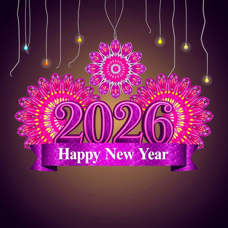 A festive 2026 New Year greeting with glowing floral elements and hanging lights.の素材
