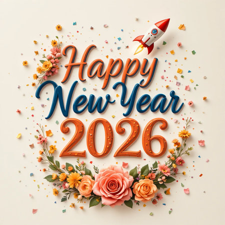 A festive New Year 2026 greeting with a rocket, flowers, and confetti.の素材