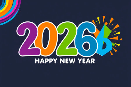 Vibrant 2026 numbers with a festive fireworks display and colorful abstract elements.の素材